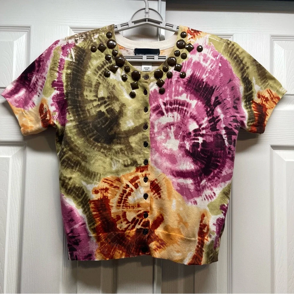 Isabella Rodriguez Beaded Tie Dye Cardigan Sweater Short Sleeve Size XL